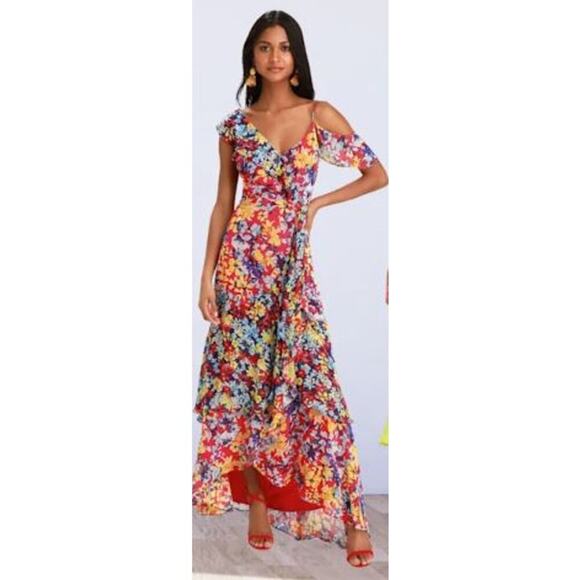 ✨Lulus Floral Cold Shoulder Maxi Dress Women’s Small Multicolor Ruffle Hem Boho - Picture 1 of 10